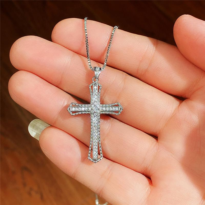 Shine Hip Hop Cross Necklace for Women with Dazzling White Stone Luxury Silver Color Cool Neck Accessories Party Fashion Jewelry