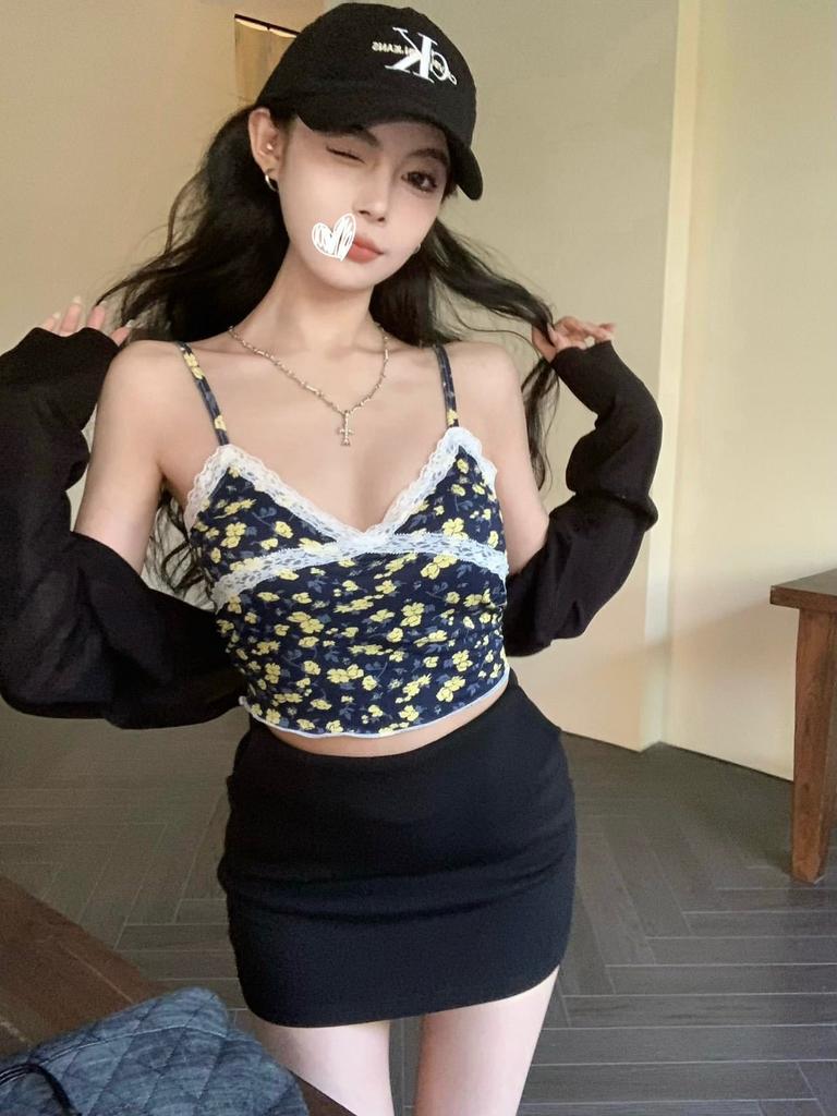 #Summer sweet small fresh floral pure desire vest short top girl V-neck lace splicing small