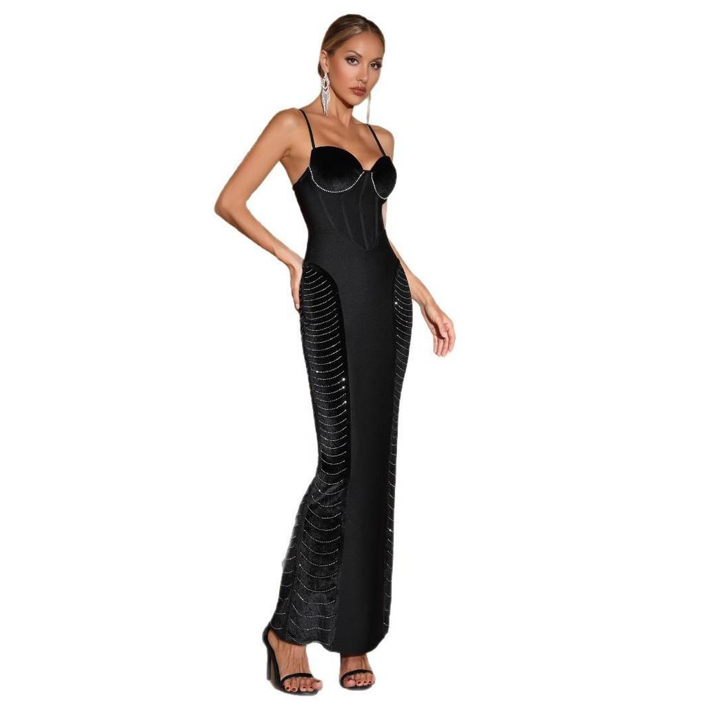 Europäisch-amerikanischer Stil Sexy Tief ausgeschnittenes Bandagen-Abendkleid mit Strasssteinen