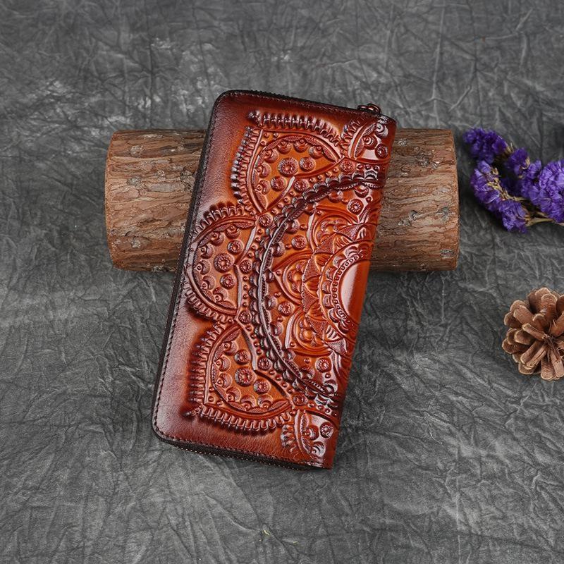 Retro Girl's Wallet Long Hand Bag Women's Leather Handmade Embossed Floral Phone Purse Chinese Style Ladies Card Holder