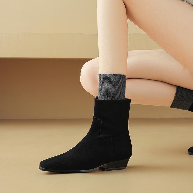 Módní kotníkové boty z dětského semiše Dámské boty Nové 2025 Jaro Nízké blokové podpatky Módní Čtvercová špička Dámské Patchworkové Černé Šedé Meruňkové Boty