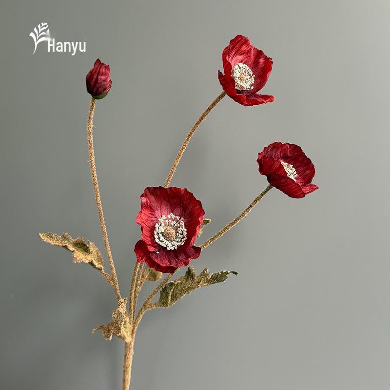Autumn Poppy Flocked Artificial Flowers for Wedding and Home Decor