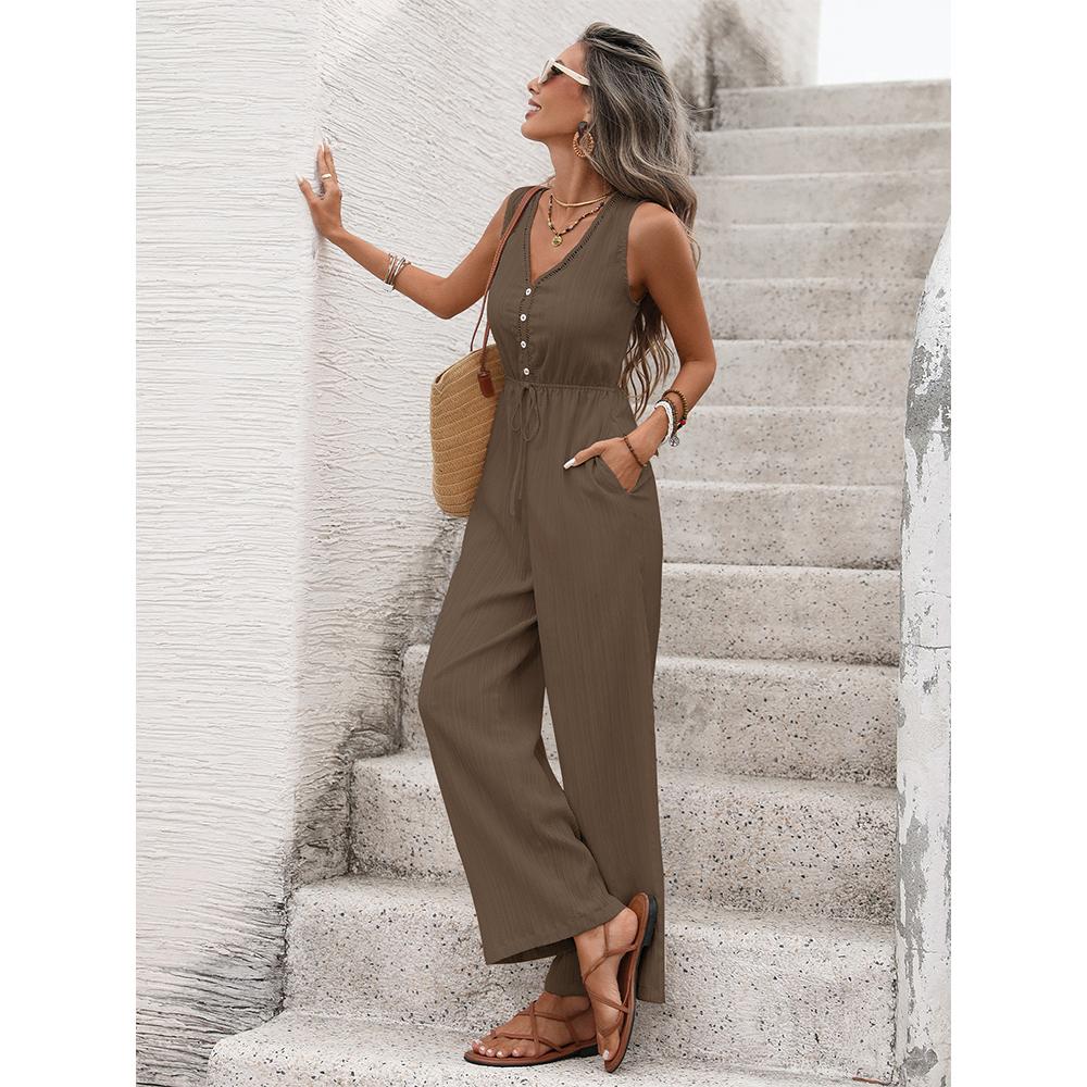 2026 New Vacation Casual Minimalist Style Jumpsuit Solid Color Sleeveless Jumpsuit