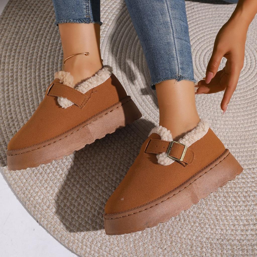 2025 Vielseitige lässige Ein-Pedal-Freizeitschuhe mit leichtem Mund, fransigem Rand, einfarbig, Samt, verdickt, Übergröße, dicksohlige warme Baumwollschuhe