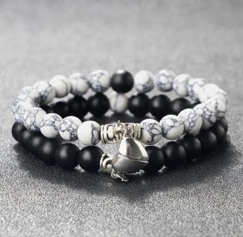 Hot Sale 2Pcs/Set Beads Bracelet For Lovers Natural Stone Distance Heart Magnet Couple Bracelets Friendship Fashion Jewelry Gift