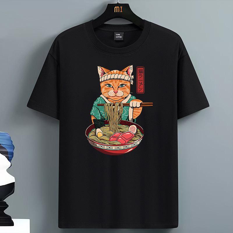 White Short Sleeve T-Shirt with Cute Ramen Cat Graphic, Japanese Noodle Cat Print, Casual O-Nec