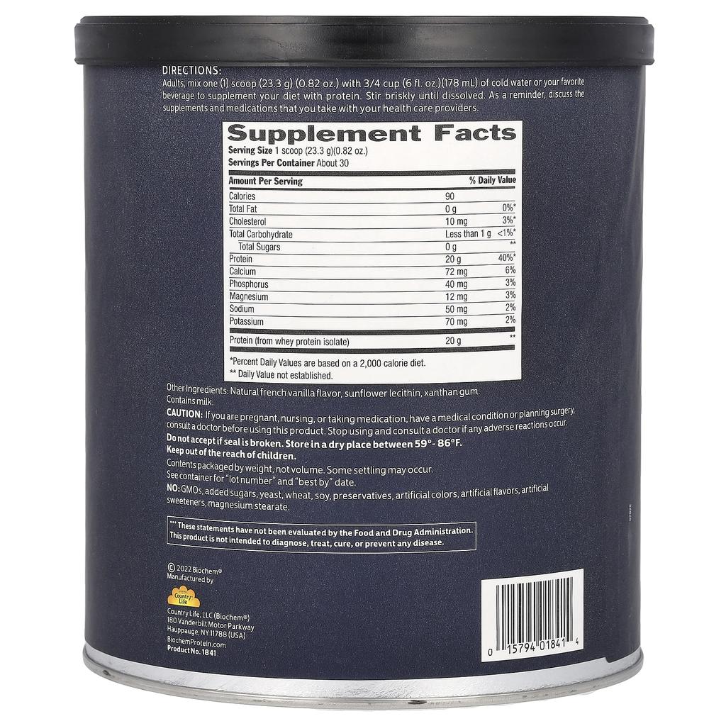 Biochem, 100% whey protein isolate, natural, 699 g (24.6 oz)
