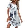 Women’s Short Sleeve Casual Dress with Tropical Floral Print and Vertical Stripes Relaxed Fit Crew Neck Summer Dress