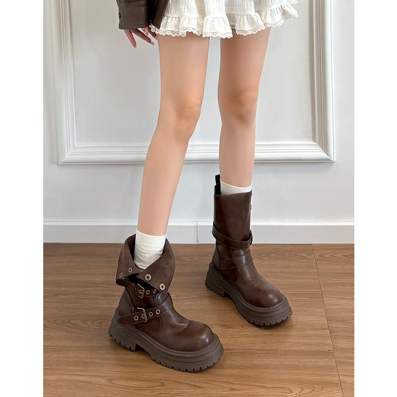 Martin boots women's new spring and autumn single boots retro women's shoes medium boots thick-soled black short boots
