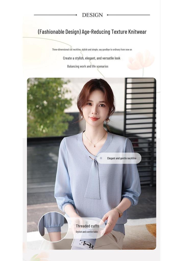 Stylish Spring & Autumn Knit T-Shirt for Middle-aged Women with Flowing Ribbon