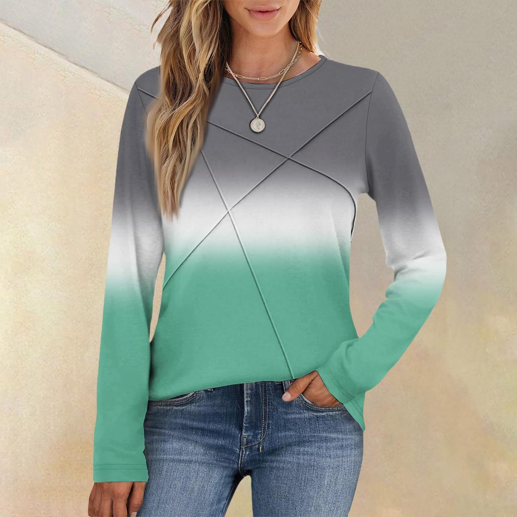 Fashionable Women's Long-sleeved Gradient Round Neck Casual Pleated Loose Top