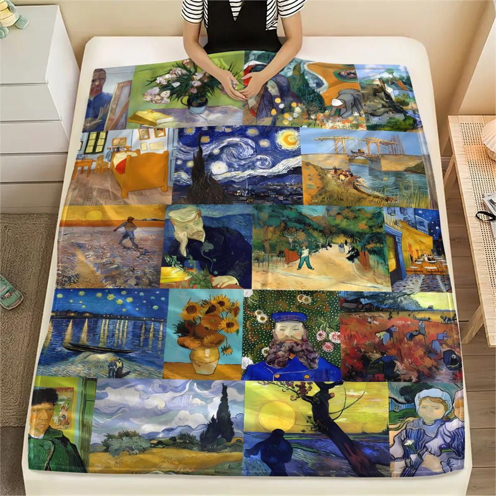 1Pc Van Gogh Painting Print Flannel Blanket, High Quality Comfortable for All Seasons, Home Decor, Warmth and Comfort, Perfect for Christmas Gifts