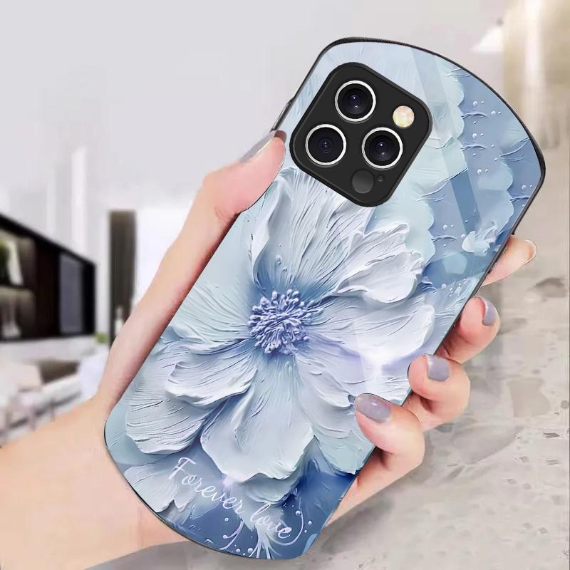 Plants in Oil Painting For iPhone 16 15 14 Pro 13 Plus 12 mini 11 13Pro Max XR X S 7 8 6 Elliptical Tempered Glass Phone Case