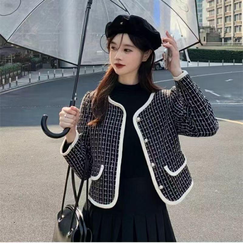 2024 Spring Women's Houndstooth Chic Single-Breasted Long-Sleeve Cardigan Jacket
