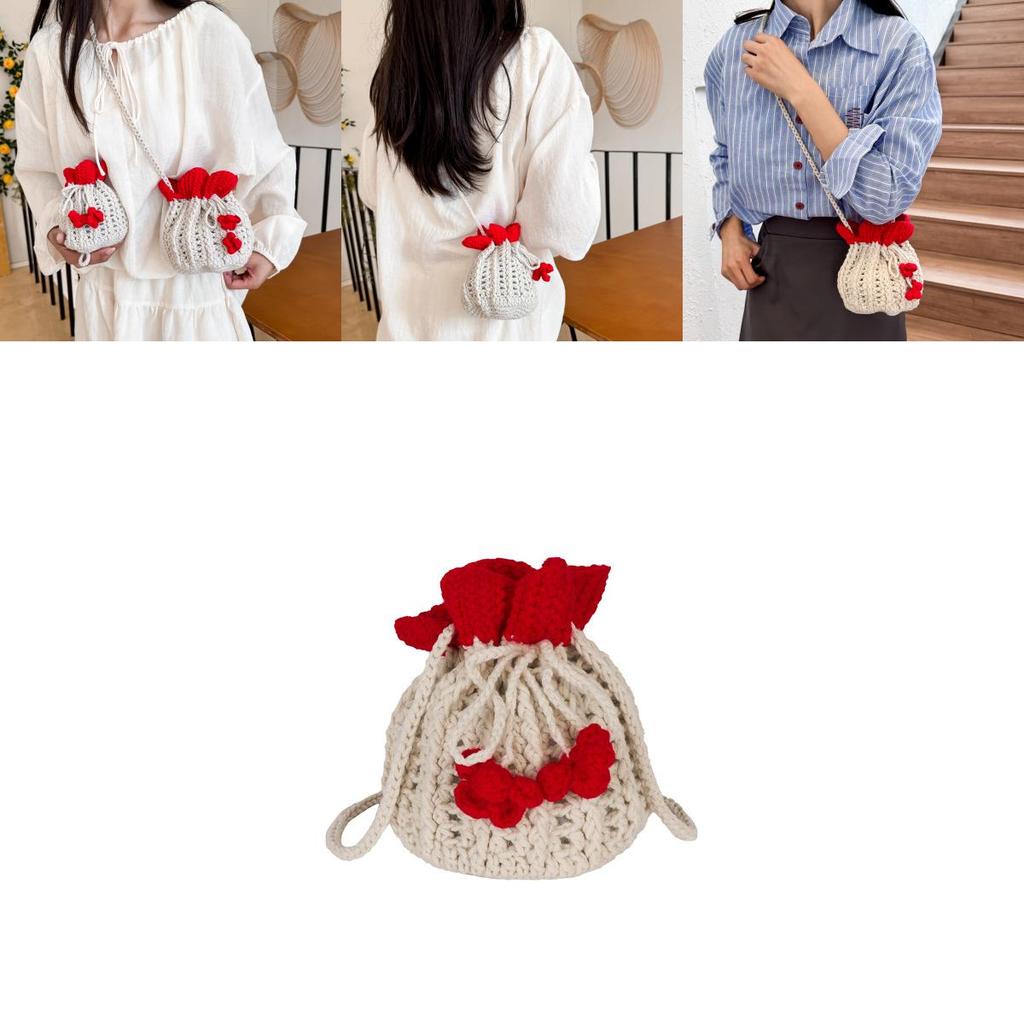 Minimally Woven Crossbody Bag With Flower Appearance And Drawstring Design For Daily Use