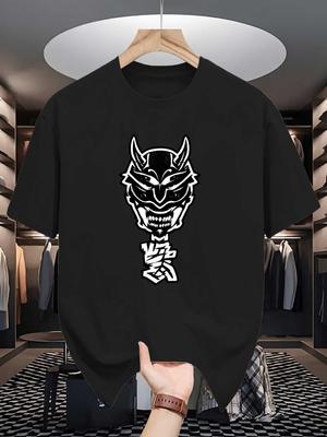 Black White Oni Demon Mask Graphic Mens Crew Neck T Shirt Japanese Street Art Print Short Sleeve Casual Cotton Daily Street Tops