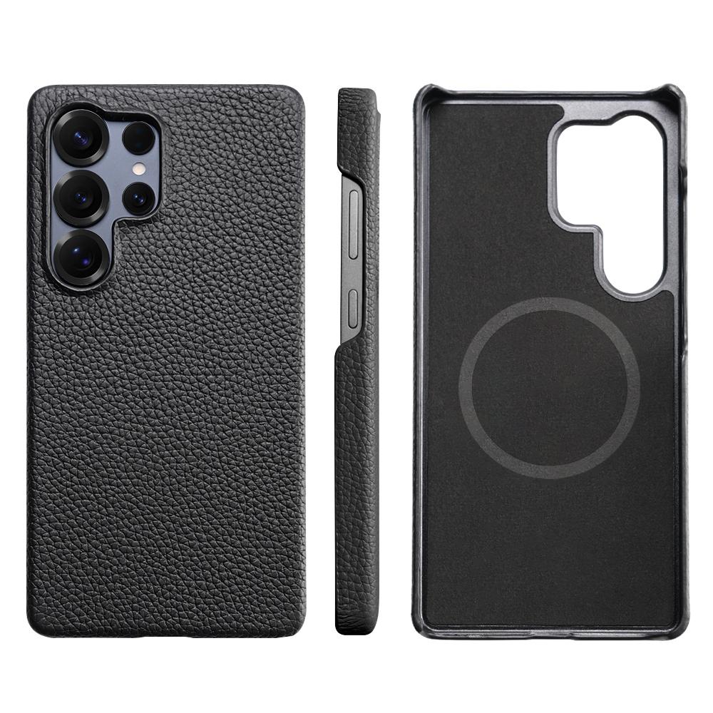 for Magsafe Case for Samsung Galaxy S24 S25 Ultra Plus Natural Cowhide Lychee Leather Magnetic Protector Luxury Phone Back Cover
