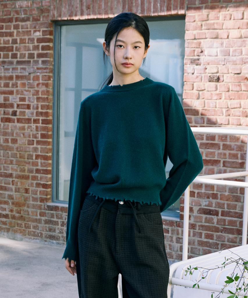 SHINE ON YOU Premium 100% Cashmere Frey Edge Round Neck Knit_Forest Teal