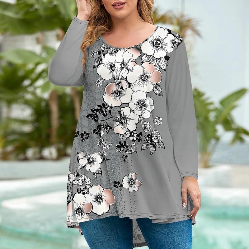 Women's Fashion Large Size Round Neck Long Sleeve Casual Print Loose Pullover Top T-Shirts Women’s
