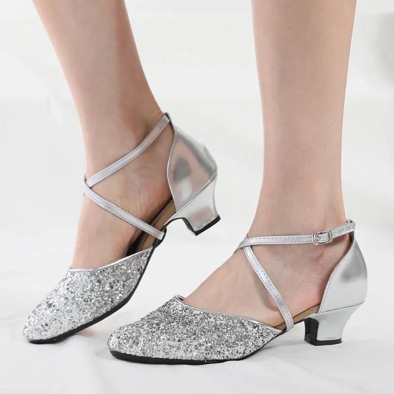 New Sequin 4Colors Red Black Gold Silver Women Ballroom Tango Salsa Latin Dance Shoes / Cheap Closed Toe Salsa Shoes Soft Sole