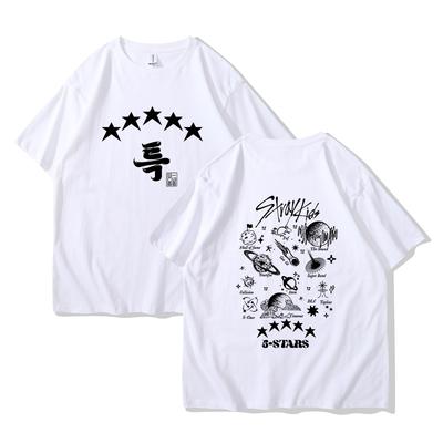 Sommer Baumwoll T-Shirt Kpop Street Kids 5 Sterne Kurzarm Ästhetischer Musikalbum-Druck T-Shirt Männer Frauen und Kinder einzelnes Oberteil