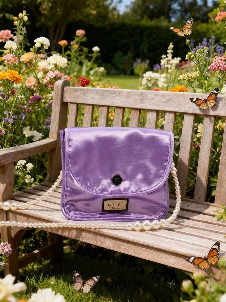 Gucci Purple Square Makeup Bag, DIY Pearl Chain Storage Bag, Fashionable Shoulder Bag