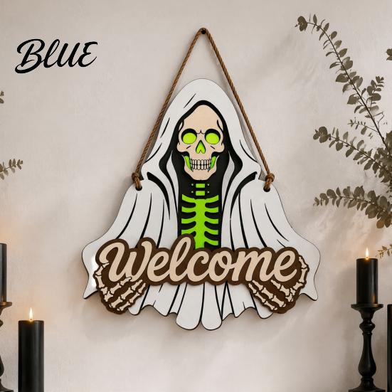 Halloween Hanging Wooden Horror Grim Sign Skeleton Spooky Sign Welcome Door Hanger Reaper Dark Style Ornament Plaque for Front
