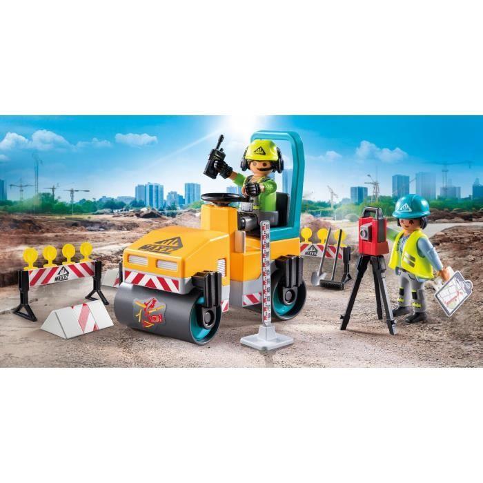 Playmobil 71751 ouvriers avec rouleau compresseur et signalisation, action heroes, la construction, 43 pièces, dès 4 ans