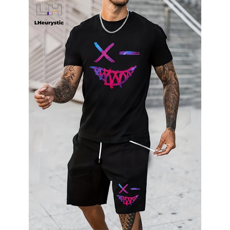 Pánské 2dílné tričko s 3D kresleným potiskem králíka, kraťasy, letní ležérní každodenní top s krátkým rukávem, venkovní sportovní kraťasy