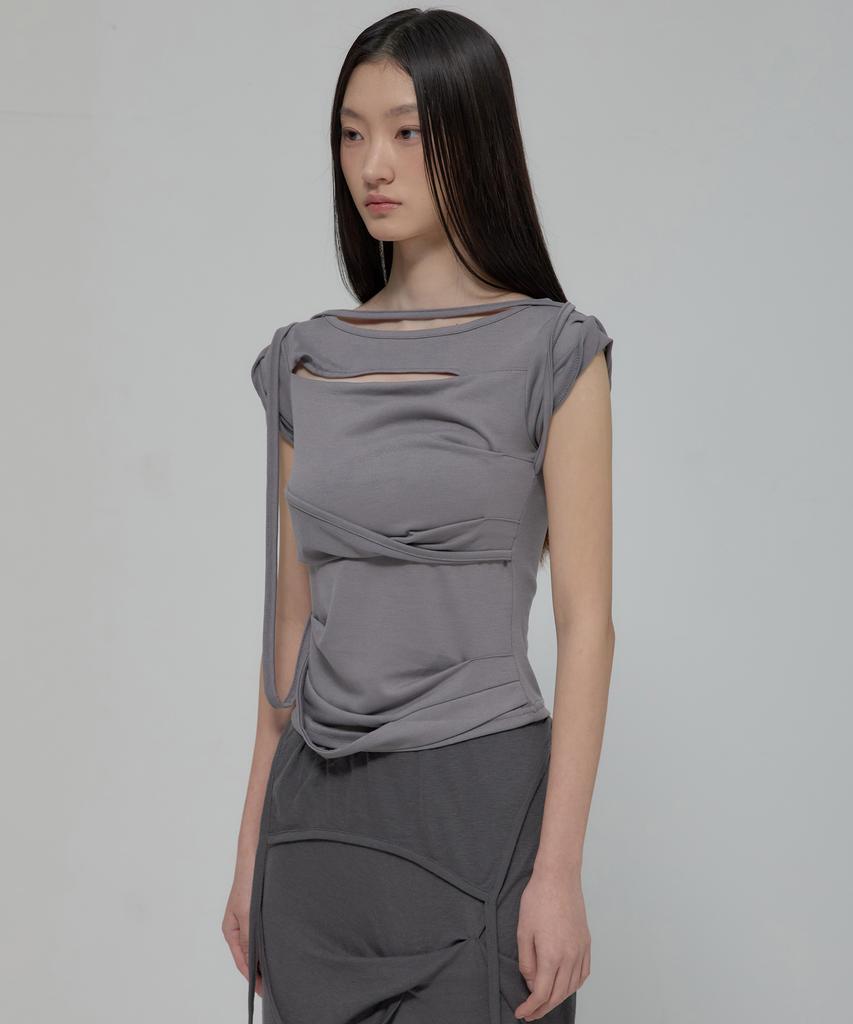 Peulleeoeob Asymmetrical Draped Strap Roll-Up T-Shirt (Fl-170_Dark Gray)