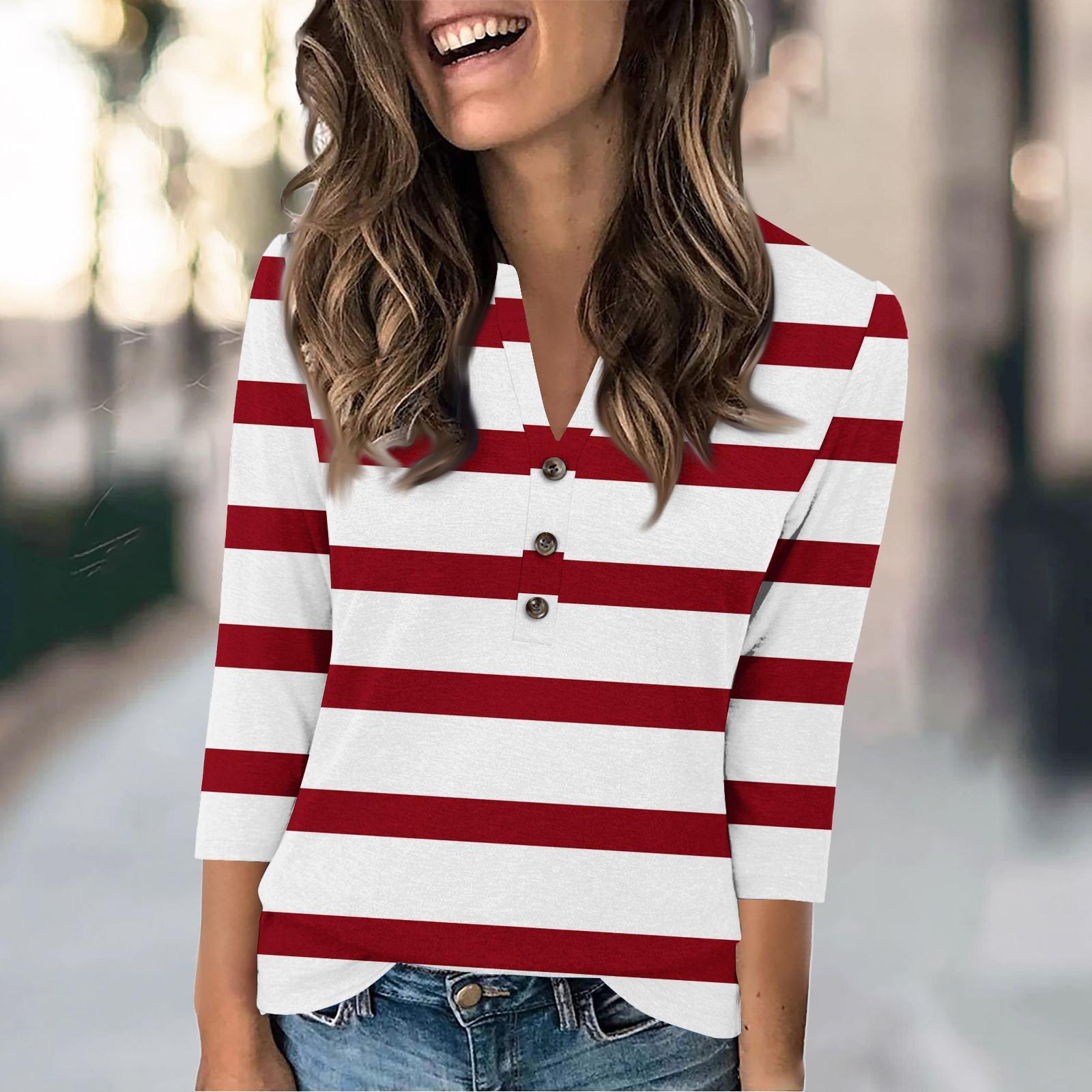 

Женская мода повседневный свободный топ с рукавом 3/4 в полоску с круглым вырезом XL винный