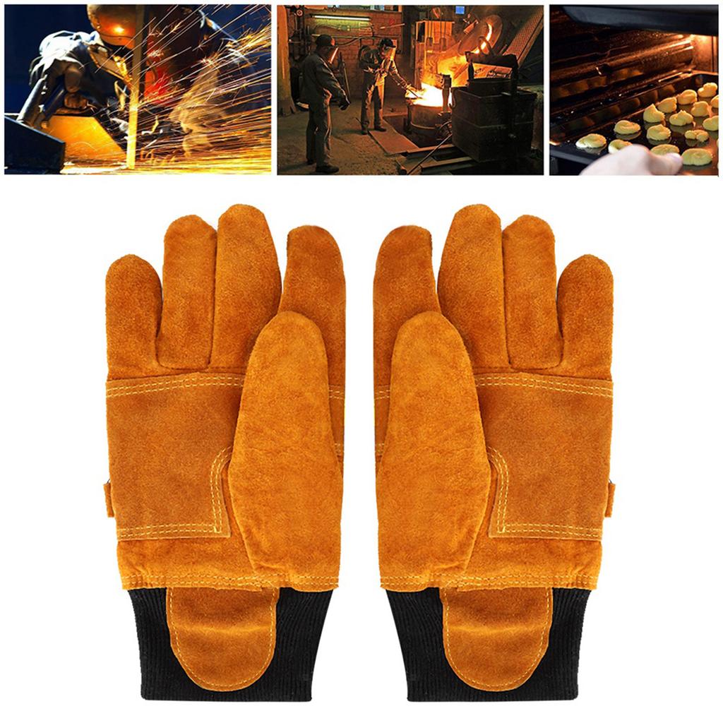 Paar Rindslederhandschuhe Feuerfest Hitzebeständig Lange Sicherheitshandschuhe