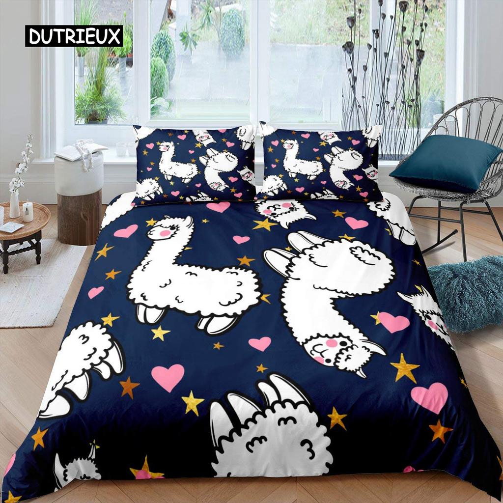 Alpaca Duvet Cover Set Cute Sloth Comforter Cover Cactus Funny Animal Bedding Set Polyester Love Heart Cartoon Style Quilt Cover