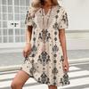 Damenkleid mit kurzen Ärmeln, lockerem Schnitt, knielang, mit geometrischem Print und besticktem Ausschnitt für den lässigen Alltagsgebrauch
