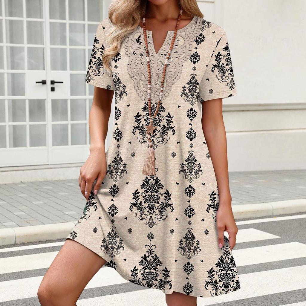 Damenkleid mit kurzen Ärmeln, lockerem Schnitt, knielang, mit geometrischem Print und besticktem Ausschnitt für den lässigen Alltagsgebrauch