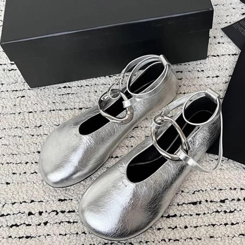 Fashion Luxury Gold Buckle Leather Ballet Flats Woman Elegant Brand Design Ankle Strap Ballerina Shoes Ladies Height Inside Punk Zapatos
