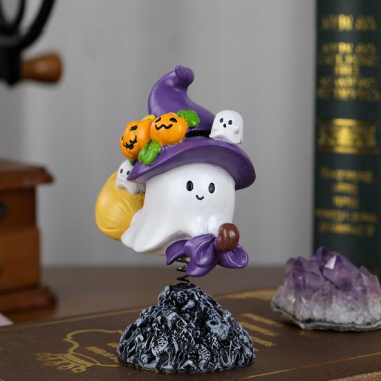 Halloween Ghost Figurine Cute Flying Ghost on Broom with Spring Resin Small Ghost Sculpture Tabletop Decoration for Living Room Entryway Bookshelf