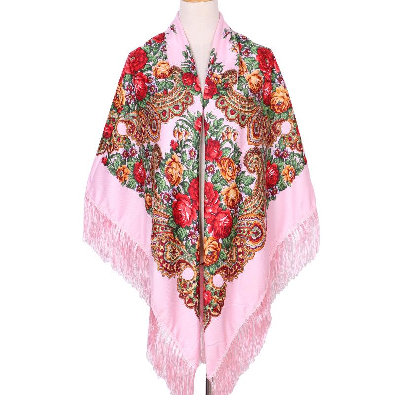 Russian Plus Size Women's Tassel Shawl - Vintage Ethnic Printed Square Scarf