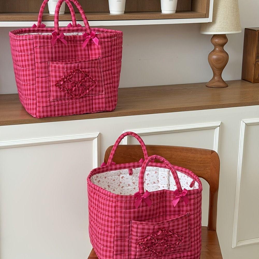 Handheld Red Plaid Storage Basket Large Capacity Clothes Toys Storage Basket Picnic