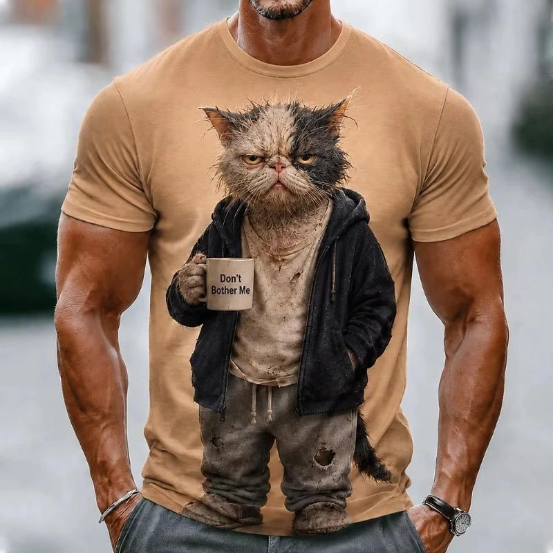 3D A Listless Cat Printed T-shirt Funny Animal Graphic Men's T shirts Casual Daily Streetwear Fashion Short Sleeve Tops