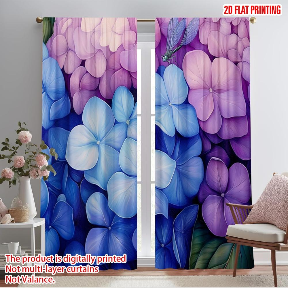 

2 шт., 2D печать на плоскости Принт Шторы Синий Фиолетовый Гортензия Стрекоза Универсальная полиэстеровая ткань (без удилища) Украшения для 52.50×116.00 CM 2pcs