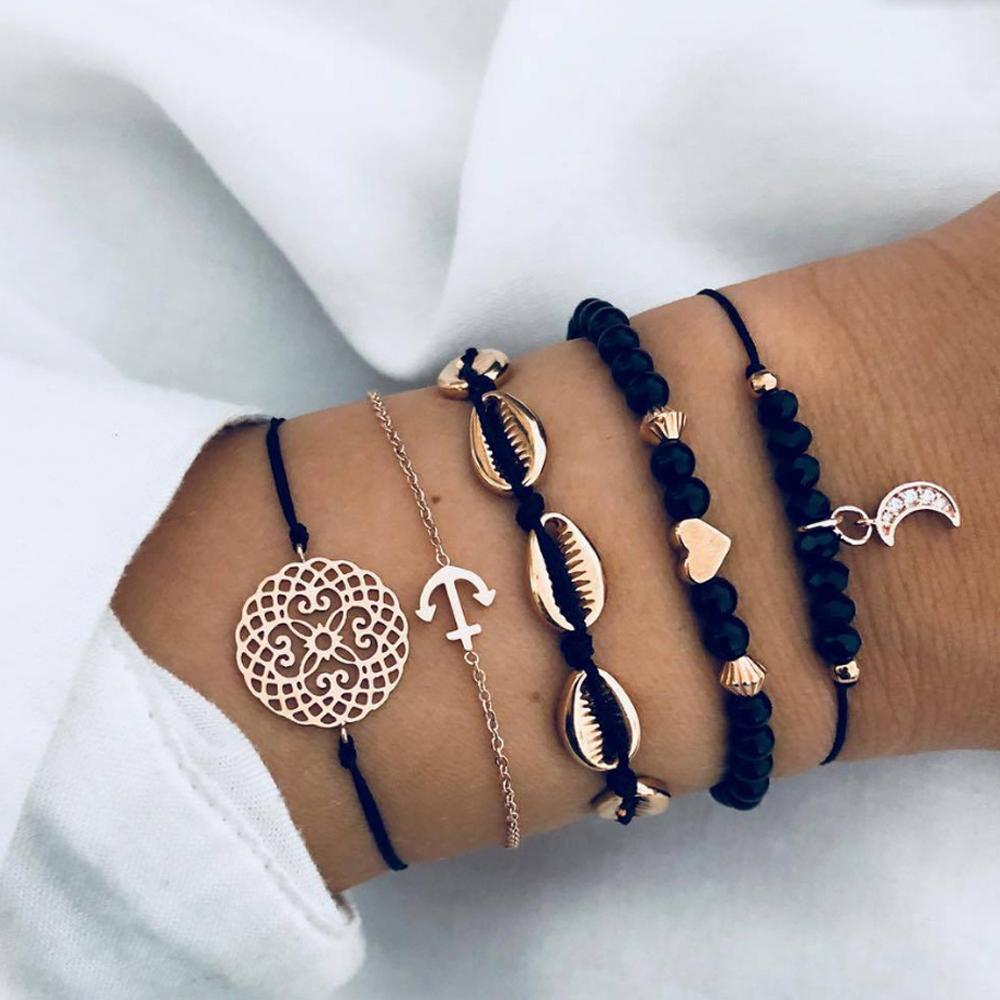 SUMENG Bohemian Black Beads Chain Bracelets Bangles For Women Fashion Heart Compass Rope   Sets Jewelry 2025 Gifts