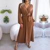 Women Cross Solid Color V Neck Hem Pleated Long Dress For Fashion