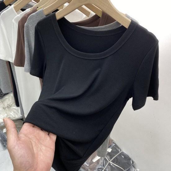 Tee Shirt O-Neck Short Sleeve Ribbed Women T-shirt Summer Top Solid Color Slim Fit Streetwear Blouse