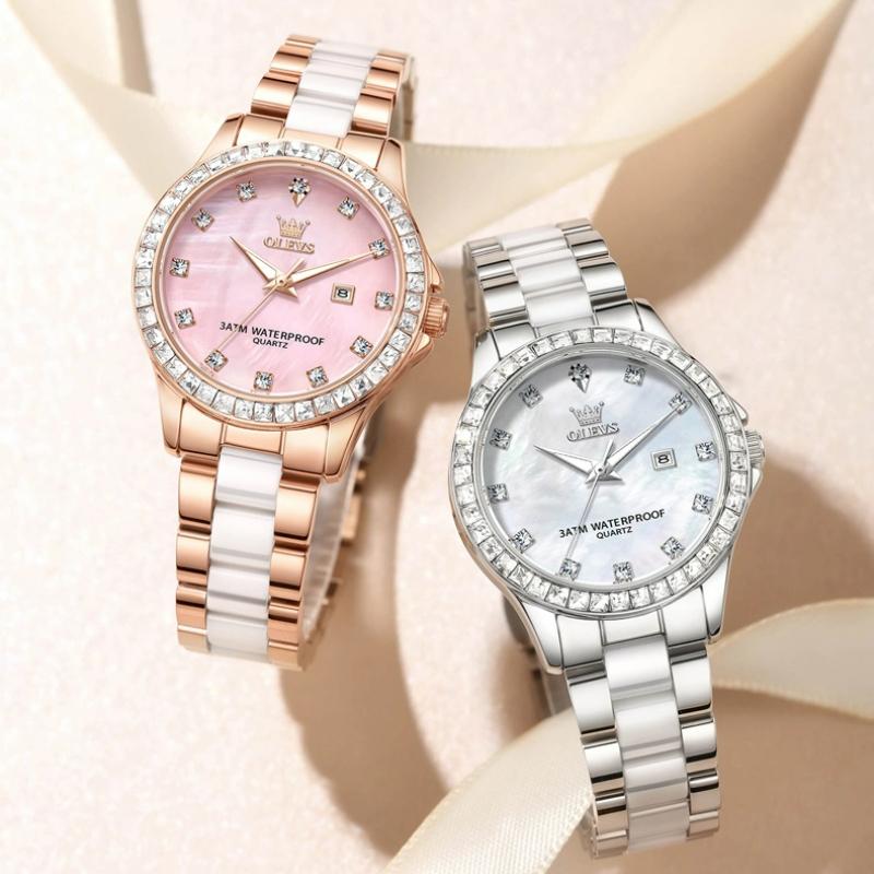 OLEVS Quartz Wristwatch Elegant Luxury Ceramics Strap Waterproof Auto Date Diamond Bezel Watch for Women
