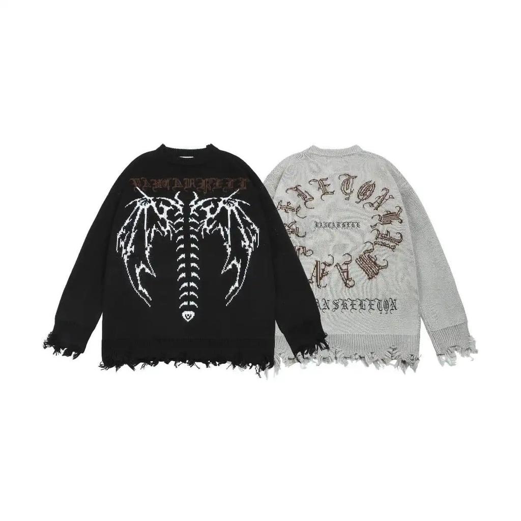 Goth Oversize Knitted Sweater Women Grunge Streetwear Black Graphic Pullover Gothic Grey Y2k Long Sleeve Top Winter