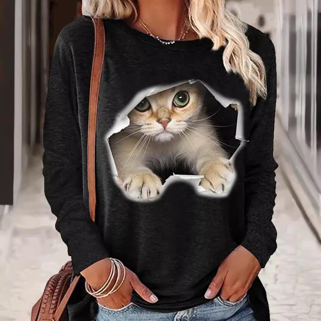 Round Neck 3D Printed Animal Pattern Top Fashionable Casual Long Sleeved Women's T-shirts