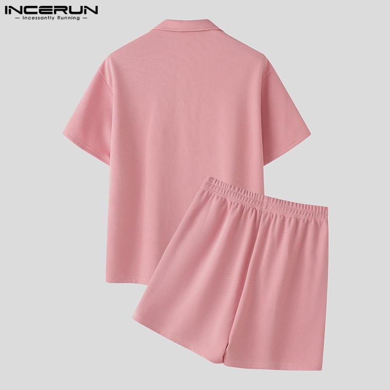 INCERUN Two Pieces Men Short Sleeve Buttons Shirts Short Pants Texture Casual Sets