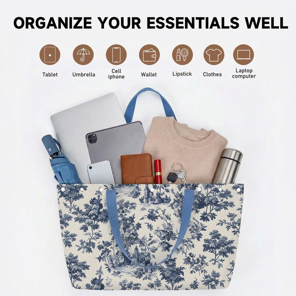 Floral Print Canvas Tote Bag Large Capacity Shopping Bag Eco Friendly Grocery Bag Portable Shoulder Bag Travel Beach Bag