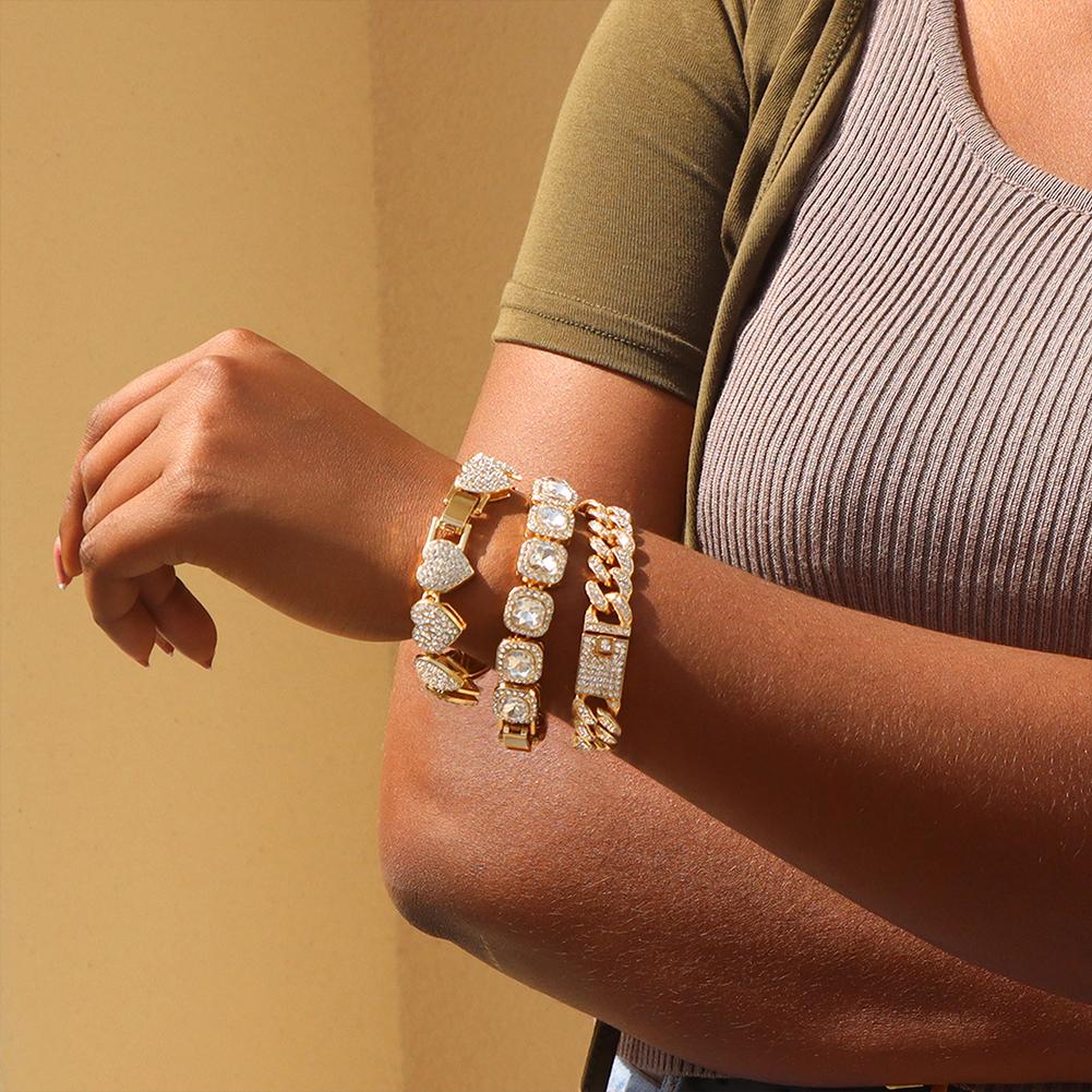 7/8inch Rhinestone Paved Cuban Chain Bracelets for Women Iced Out Heart Chain Cuban Bracelet Set Wristband Hiphop Jewelry